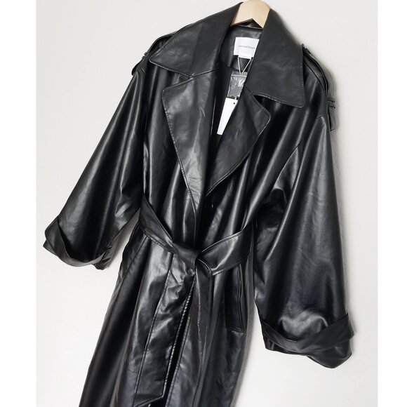 NEW Lovers and Friends Barrett Faux Leather Long Coat Black Belted Oversized S - Picture 6 of 16
